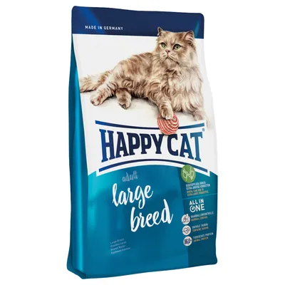 Happy Cat adult large breed kattefoder, pose med billede af langhåret kat. Tekst: Made in Germany, All in One, 86 % animalsk protein, ekstra store kroketter.