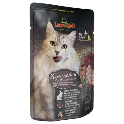 Leonardo Cat Food Kaninchen & Cranberries, coniglio e mirtilli rossi, mit Lachsöl, senza cereali né zucchero aggiunto, 85 g. Testo in tedesco, francese, italiano, spagnolo.
