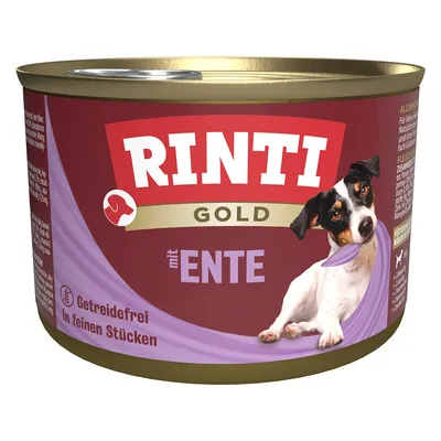 Rinti Gold mit Ente, getreidefrei, in feinen Stücken. Dose mit rotem und violettem Design, Hund abgebildet.