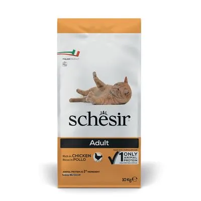 Schesir Adult kattenvoer, 10 kg zak. Tekst: Rich in chicken, only 1 animal protein, animal protein as 1st ingredient. Afbeelding van een oranje kat op de verpakking.