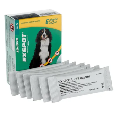 Confezione Exspot per cani, 6 pipette da 2 ml, soluzione spot-on. Visibile: permethrina 715 mg/ml, uso veterinario, solo per cani. Testo su pipetta e scatola incluso.