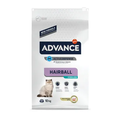 Advance Hairball Sterilized, 10 kg, con immagine di gatto, testo visibile: Active Defense, High Protein 37 %, Hairball Control, Weight Control, Urinary Care, New Formula with Natural Antioxidants.