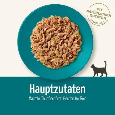 Основные ингредиенты: макрель, филе тунца, рыбной бульон, рис. Надпись на немецком: Mit natürlichen Zutaten hergestellt.