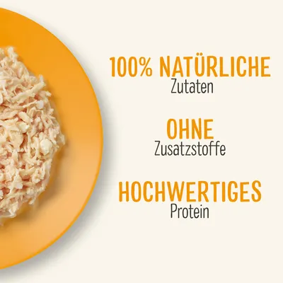Текст на немецком: 100% NATÜRLICHE Zutaten, OHNE Zusatzstoffe, HOCHWERTIGES Protein. Изображение блюда с измельчённым продуктом на оранжевой тарелке.