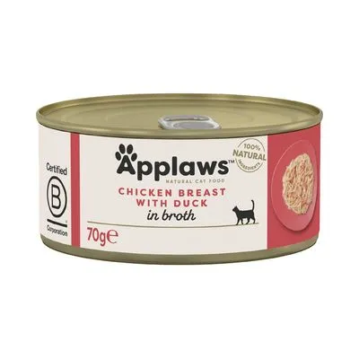 Blik Applaws kattenvoer, tekst: Chicken Breast with Duck in broth, 70g, Certified B Corporation, 100% natural ingredients. Afbeelding van vlees op bord zichtbaar.