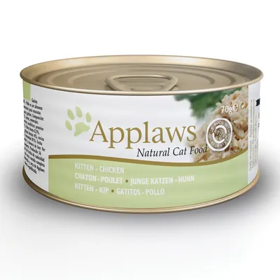 Boîte de 70 g Applaws Natural Cat Food, chaton-poulet, texte visible : KITTEN-CHICKEN, CHATON-POULET, MADE WITH NATURAL INGREDIENTS, image de nourriture pour chat sur l’étiquette.
