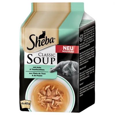 Sheba Classic Soup mit Huhn & Thunfischfilets, 4×40 г. На упаковке изображена миска с супом и кот. Надпись: NEU NOUVEAU.
