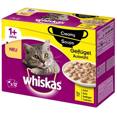 Whiskas Creamy Soups Geflügel Auswahl, 12 vrećica, za mačke starije od 1 godine. Prikaz zdjelice s hranom i slike mačke na pakiranju. Tekst na njemačkom jeziku.