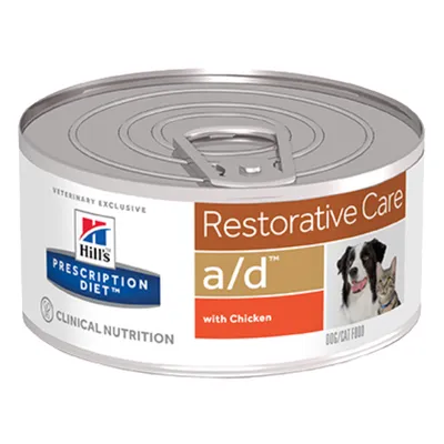 Hill's Prescription Diet Restorative Care a/d with Chicken, burk med bild på hund och katt, text: Clinical Nutrition, Dog/Cat Food, Veterinary Exclusive.