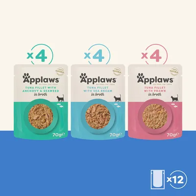 Applaws Katzenfutter, 12er-Pack: Thunfischfilet mit Sardellen & Algen, Thunfischfilet mit Meerbrasse, Thunfischfilet mit Garnelen. 100% natürlich, je 70g.