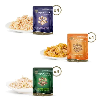 Applaws Natural Cat Food, 100 % luonnollinen. Lajit: kananrinta villiriisillä, kurpitsa ja parsa. 4 x 70 g pussia kutakin. Tuotekuva tarjoilluilla ainesosilla.