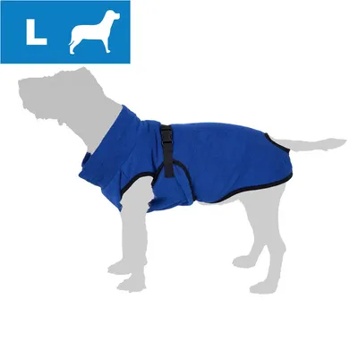 Hund iført blå jakke med sort kant og spænde. Størrelsesikon øverst til venstre viser L og hvid hundesilhuet på blå baggrund.
