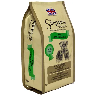 Simpsons Premium Adult Lamb & Brown Rice, hypoallergenisk tørfoder til hunde, 2 kg. Ingen hvede, gluten, soja eller mejeriprodukter. Med glucosamin, MSM, chondroitin, tranebær, præbiotika.