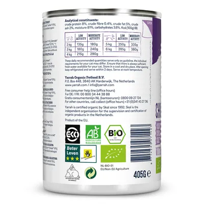 Tabella razioni consigliate per gatti: 2 kg 135–180 g, 3 kg 180–240 g, 4 kg 215–290 g. Analisi: proteine 8 %, fibre 0,4 %, grassi 5 %, ceneri 2 %, umidità 81 %, carboidrati 3,6 %. Peso netto 405 g.