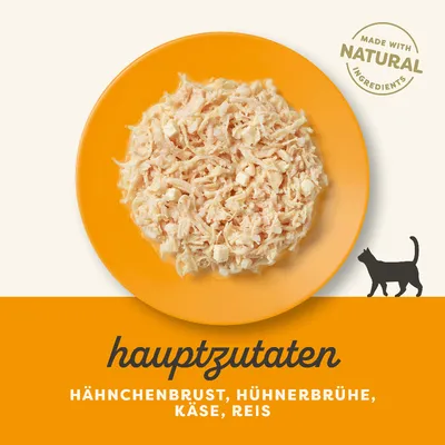 Hauptzutaten: Hähnchenbrust, Hühnerbrühe, Käse, Reis. Made with natural ingredients. Abbildung einer Mahlzeit auf einem gelben Teller mit Katzen-Symbol.