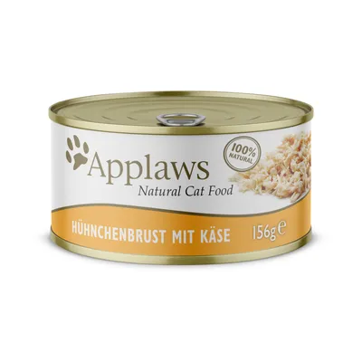 Applaws Natural Cat Food dåse, 100% natural, HÜHNCHENBRUST MIT KÄSE, 156g. Billede af kyllingebryst med ost på etiketten.