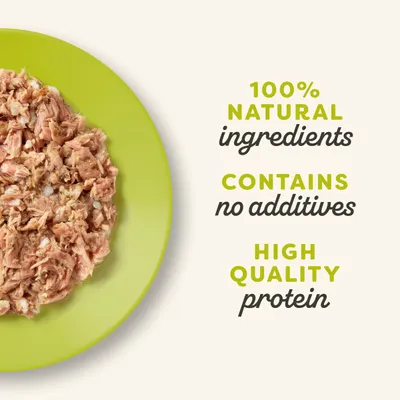 100% natural ingredients, contains no additives, high quality protein – tekst w języku angielskim widoczny obok karmy na zielonym talerzu.