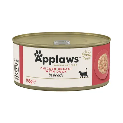 Konzerva Applaws Natural Cat Food, Chicken Breast with Duck in broth, 156 g. 100 % natural ingredients. Certified B Corporation. Zobrazený obsah na tanieri.