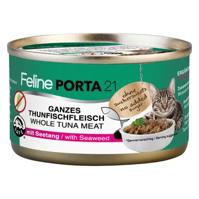 Feline Porta 21, konzerva za mačke, whole tuna meat z morskimi algami, brez dodanega sladkorja (no added sugar), slika mačke in sklede hrane na embalaži.