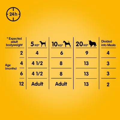 Tablica uputa za hranjenje štenaca prema dobi i očekivanoj težini odraslog psa: 5 kg, 10 kg, 20 kg; broj obroka dnevno podijeljen po mjesecima starosti i ukupnim obrocima.
