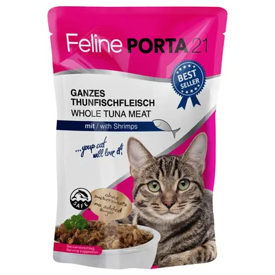 Feline Porta 21, celé tuniakové mäso s krevetami. Bez pridaného cukru. Servírovací návrh: miska s tuniakom a krevetami. Viditeľné ocenenie bestseller.