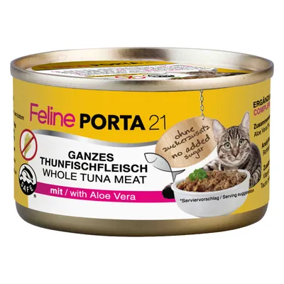 Feline Porta 21, konzerva za mačke, Ganzes Thunfischfleisch Whole Tuna Meat z Aloe Vera, brez dodanega sladkorja (ohne zuckerzusatz no added sugar), slika mačke in hrane v skledi.