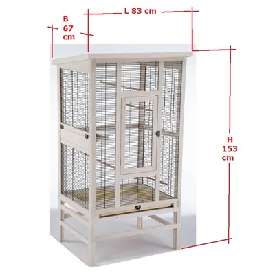 Houten volière met metalen tralies, afmetingen: lengte 83 cm, breedte 67 cm, hoogte 153 cm. Rechthoekige deur aan de voorkant zichtbaar.