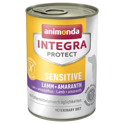 animonda INTEGRA PROTECT SENSITIVE LAMM + AMARANTH våtfoderburk, text: grain free, veterinary diet, urinary pH 6,5–6,9, Lam + amaranthus, bei Futtermittelunverträglichkeiten