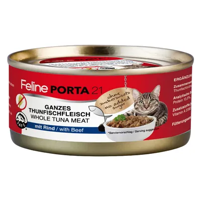 Feline Porta 21, egész tonhalhús marhával. Hozzáadott cukor nélkül. Kiegészítő eledel macskáknak. Analitikai összetevők: fehérje 13,8%. Tálalási javaslat látható.