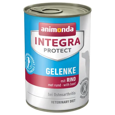 Animonda Integra Protect Gelenke mit Rind, bei Osteoarthritis, Veterinary Diet, text på tyska och engelska, burk med blå och vit etikett, synligt Omega 3- och spannmålsfri-symboler.