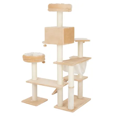 Beige scratching post with multiple levels, cave, hammock and sisal posts.