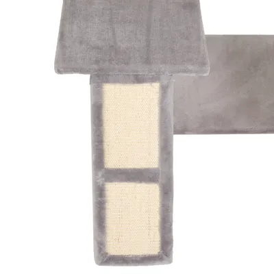Rascador rectangular de sisal beige con borde de felpa gris, parte de una estructura para gatos.