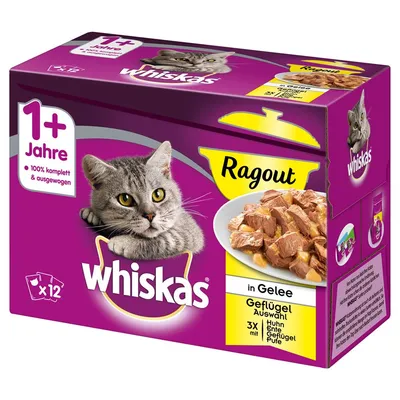 Whiskas Ragout in Gelee, výběr drůbežího: kuře, kachna, krůta, 12× kapsička, pro kočky od 1 roku. Text: 100% komplett & ausgewogen.