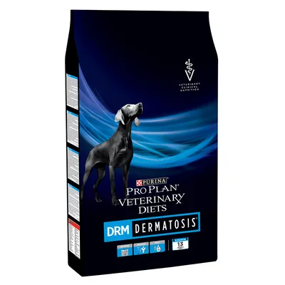 Purina Pro Plan Veterinary Diets DRM Dermatosis, opakowanie z czarnym psem, widoczne napisy: VETERINARY CLINICAL NUTRITION, DRM DERMATOSIS, ikony i liczba 13 kg.