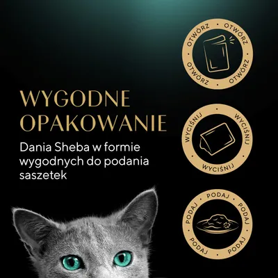 Wygodne opakowanie. Dania Sheba w formie wygodnych do podania saszetek. Symbole: otwórz, wyciśnij, podaj. Wygodne opakowanie. Dania Sheba w formie wygodnych do podania saszetek. Symbole: otwórz, wyciśnij, podaj.