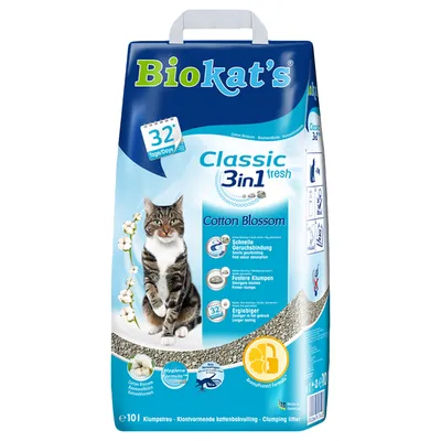 Biokat's Classic 3in1 fresh Cotton Blossom klumpestrøelse, hurtig lugtbinding, faste klumper, drøj. Hygiejnisk formel med AromaProtect Formula, indhold: 10L.