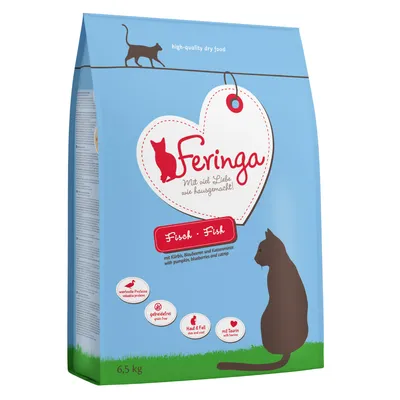 Sac de croquettes Feringa pour chat, saveur poisson, 6,5 kg. Texte visible : wertvolle Proteine, getreidefrei, Haut & Fell, mit Taurin. Ingrédients : citrouille, myrtilles, menthe à chat.