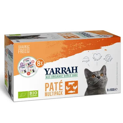 Yarrah Bio-Organic Since 1992 Paté Multipack, Grain Free Recipe, 8x100g. BIO Organic-mærke synligt. Billede af kat og illustrationer med tekst: pure food, love for all animals, for a better world.