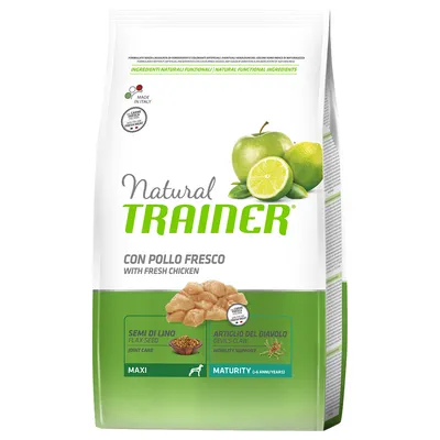 Natural Trainer CON POLLO FRESCO WITH FRESH CHICKEN, billede af kyllingestykker, grønne æbler og lime. SEMI DI LINO FLAX SEED Joint Care, ARTIGLIO DEL DIAVOLO Devil’s Claw Mobility Support.
