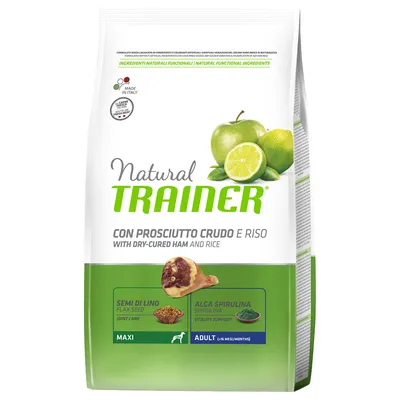 Natural Trainer nyers sonkával és rizzsel, lenmagot és spirulinát tartalmaz, Maxi Adult, Olaszországban készült, természetes funkcionális összetevőkkel.