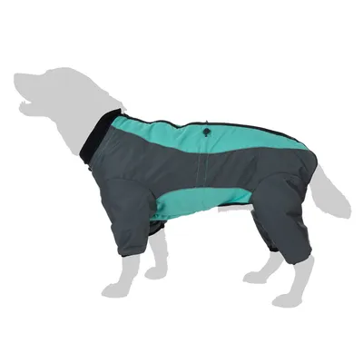 Cappotto per cani grigio e turchese con copertura completa, incluse gambe e schiena.