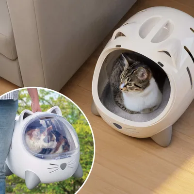 Kattehule i katteform med vindue, kat sidder indeni. På detaljebilledet bæres hulen som transportkasse udendørs, også med kat indeni.