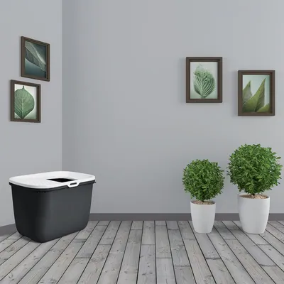 Kattenbak met zwart kunststof onderbak en wit deksel met opening aan de bovenkant, geplaatst op houten vloer naast twee planten in witte potten.
