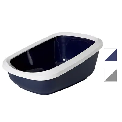 Kattenbak van donkerblauw plastic met witte rand, rechthoekig model. Twee kleurstalen zichtbaar: donkerblauw-wit en grijs-wit.