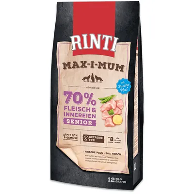 Rinti Max-i-Mum Senior, 70% kød og indmad, med Frische Plus, kornfri, med 30% grøntsager, til ældre hunde fra 8 år, 12 kilogram.