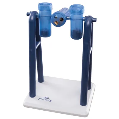 Dog Activity intelligence toy with two blue containers and rotating mechanism on a white base, suitable for filling with snacks.