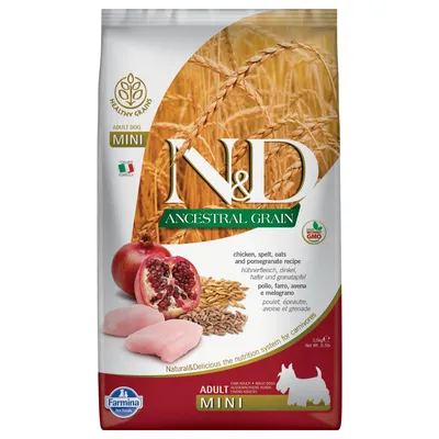 Farmina N&D Ancestral Grain Adult Dog Mini con pollo, farro, avena e melagrana. Senza OGM, ricetta italiana, confezione da 2,5 kg.