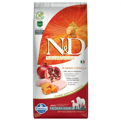N&D Natural & Delicious Pumpkin Formula per cani adulti Medium & Maxi. Ingredienti: carne di pollo, zucca, melagrana. Senza cereali, senza glutine, formula italiana.