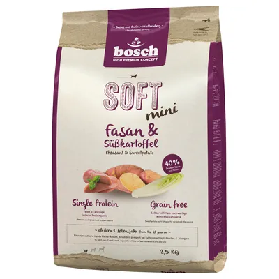Bosch High Premium Concept Soft Mini fasan & sötpotatis, single protein, spannmålsfri, 40 % färskt kött, från 1 års ålder, 2,5 kg förpackning.