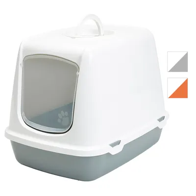 Maison de toilette pour chat en plastique, porte transparente avec motif patte, poignée sur le dessus, coloris gris et blanc. Deux options de couleur visibles : gris ou orange.